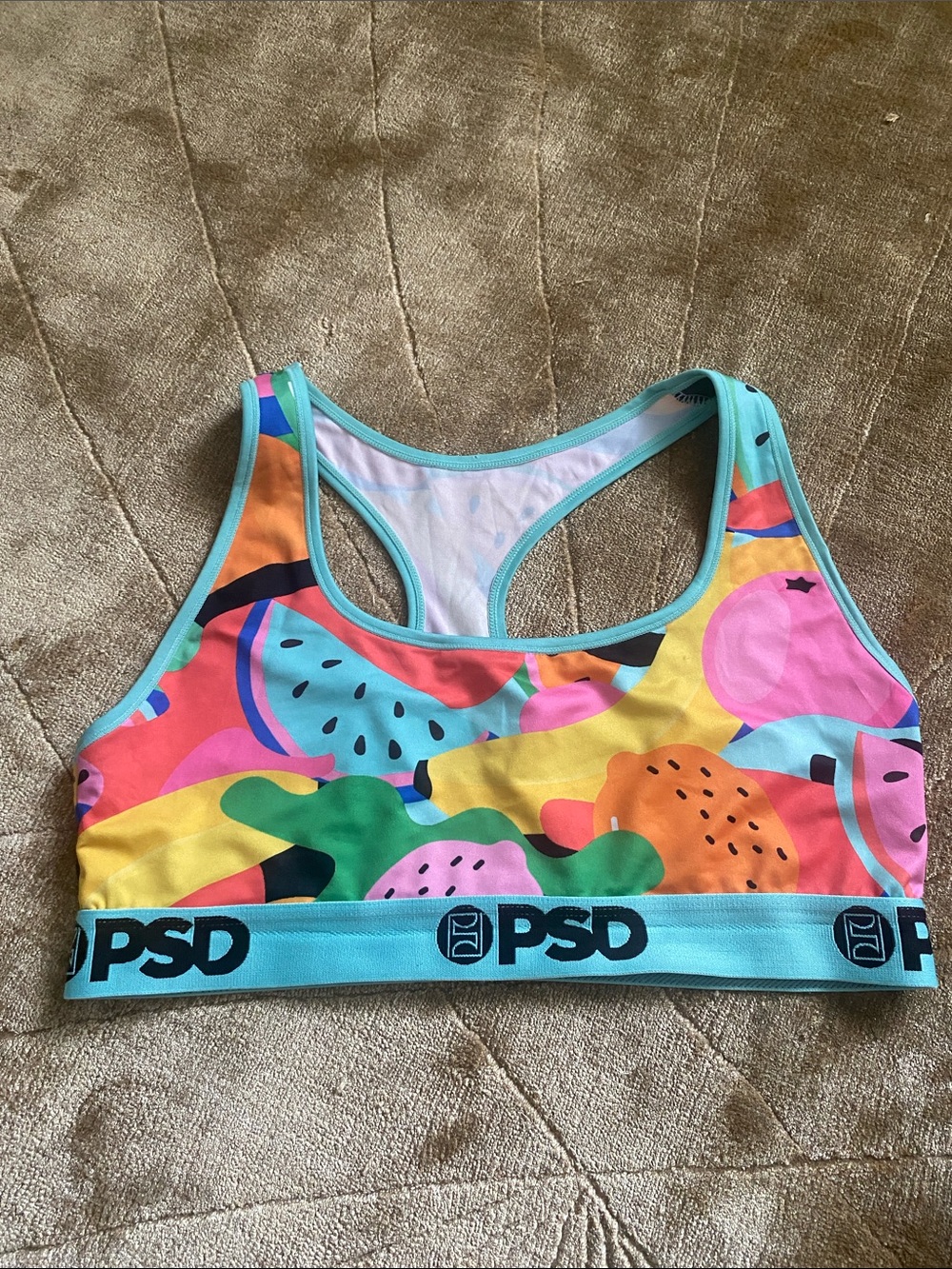 PSD Multicolor Fruit-Pattern Racerback Sports Bra with Aqua Band - Picture 1 of 6
